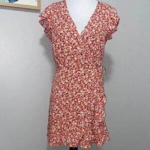 Abercrombie & Fitch:  Floral Wrap Dress, Size S, Orangey-Red w/ Cream Flowers